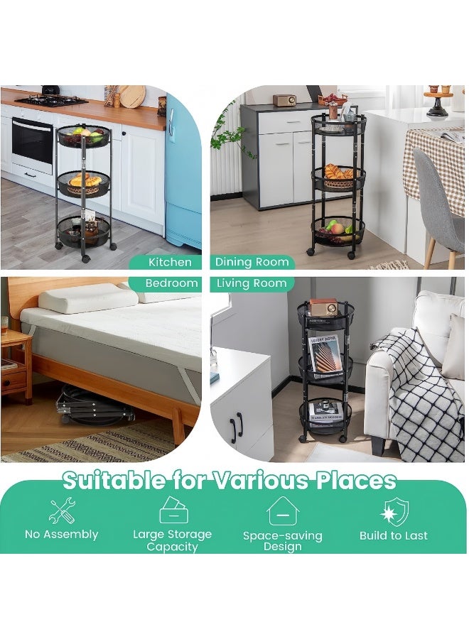 BLOOMING TIME 3 Tier Foldable Utility Rolling Cart with 360° Lockable Wheels,Collapsible Metal Storage Organizer Trolley for Kitchen, Bathroom, Office & Home, No Assembly Needed - Image 5